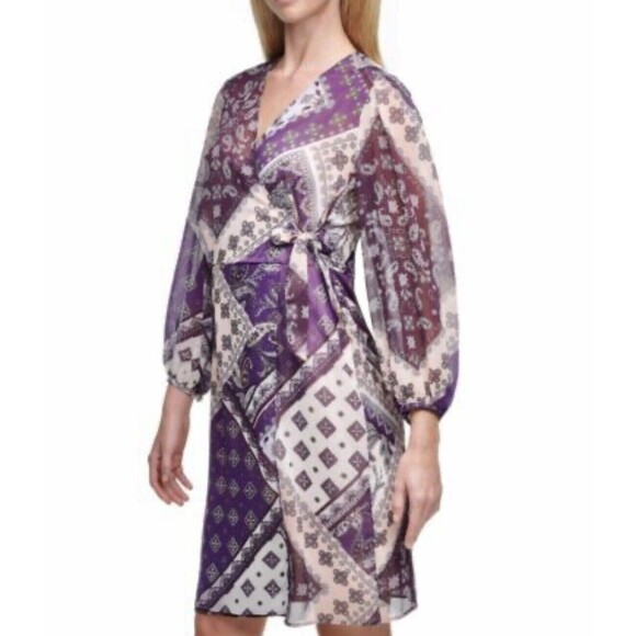 CALVIN KLEIN WOMENS SIZE 10 FAUX WRAP DRESS PURPLE TIE LONG SLEEVES V NECK LINED - Picture 1 of 7